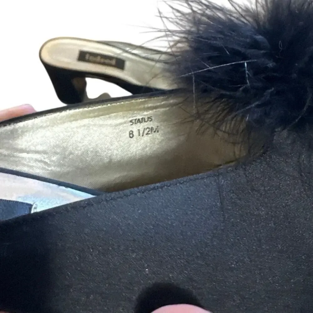 Women's Size 8.5 Vintage Indeed Black Mules with Black Puff Ball